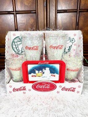Vintage 5pc Coca-Cola Set of 4 Fountain Glasses and Polar Bear Tin Tray Gift Set